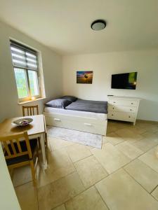 a bedroom with a bed and a table and a tv at Landgut Ziegler in Friesack