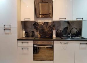 eine Küche mit weißen Schränken und einer Arbeitsplatte in der Unterkunft ForRest Spa Apartment - Private Jacuzzi & Sauna in Ravna Gora
