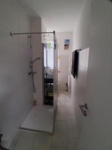 a bathroom with a shower with a glass door at Seenahe Wohnung in Nordhausen