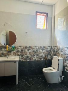 um banheiro com um vaso sanitário, uma pia e um espelho em Palm Villas Jaffna em Jaffna
