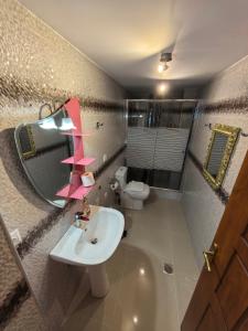 a bathroom with a sink and a toilet and a mirror at Tokastro2 in Arachova