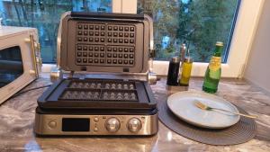 a kitchen counter with a microwave and a plate at JOJO Loft Comfort Dzelzavas & Cozy Stay & Breakfast Gift in Riga