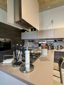 a kitchen with a counter with a stove top oven at Dimora Boezio7, cozy and charming place in center with private parking in Pavia