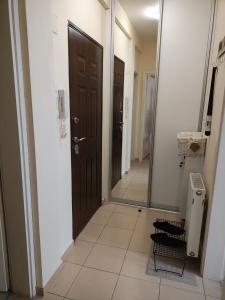 a bathroom with a brown door and a mirror at SkyBreak Apartment in Ledine