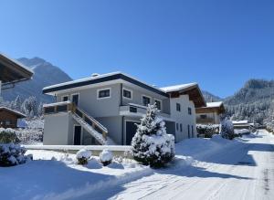 una casa en la nieve en las montañas en Apartment Waldherz, en Wald im Pinzgau