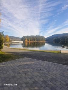 a view of a lake with trees in the background at Koselig hus i Valdres in Leira