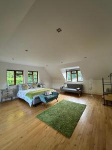 a large bedroom with a bed and a green rug at Salvi's Hideout in Sarisbury Green