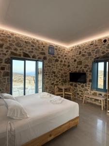 a bedroom with a bed and a tv in a room at Filotimia in Schinoussa