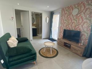 a living room with a green couch and a television at La chambre aux hommes in Lusignan