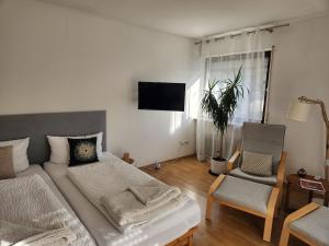 sala de estar con cama y silla en Sunny studio in Grenzach, ideal location to Basel, en Grenzach-Wyhlen