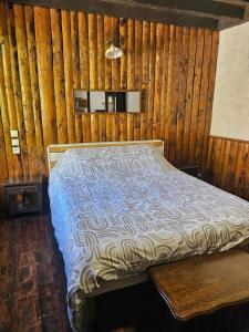 una camera da letto con un letto in una parete di legno di chez Fred a Saint-Rambert-en-Bugey