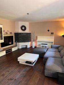a living room with a couch and a tv at Wunderschöne, große Gartenwohnung mit 3 Schlafzimmern Nähe Kaufbeuren in Untergermaringen