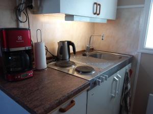 a kitchen counter with a coffee maker and a sink at Furusol Borgholm in Borgholm