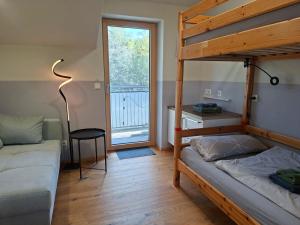 a bedroom with a bunk bed and a couch at Apartment Niesenpoint in Albersdorf