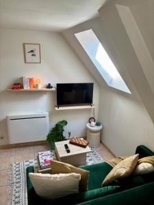 Una sala de estar con un sofá verde y un televisor. en Duplex Cosy dans le coeur d'Auray, en Auray