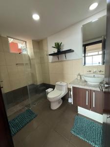 un baño con inodoro y lavabo en Escazu Guachipelin Peaceful Getaway, Pool, Wi-Fi & Work Space CR MARIPOSA RENTALS, en San Rafael 12 fotos más
