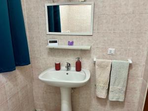 a bathroom with a sink and a mirror and towels at Etna e mare per il tuo relax in Villaggio San Leonardo +11 photos