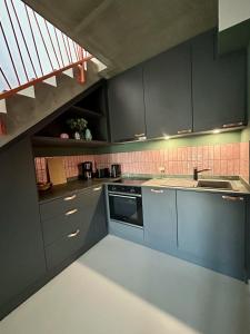 ノイルピーンにあるPenthouseNeuruppin direkt am Seeのグレーのキャビネットとシンク付きのキッチン