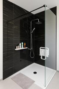 a bathroom with a shower with black tiles at La longère des cerisiers 