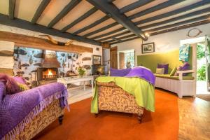 a large room with a bed and a fireplace at Llys-Derwin in Dolbenmaen