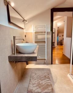 a bathroom with a bowl sink on a counter at Suite Cascina Balocco in Neive