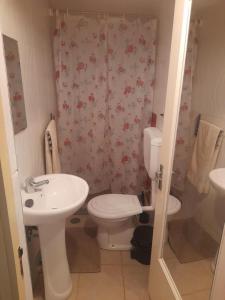 a small bathroom with a toilet and a sink at SAM House in Mindelo +48 photos