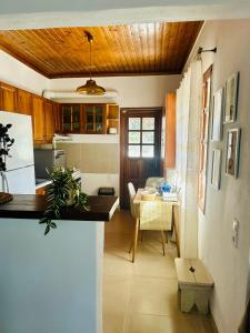 Néa PalátiaにあるOropos Cozy Houseのキッチン、リビングルーム(テーブル、カウンター付)