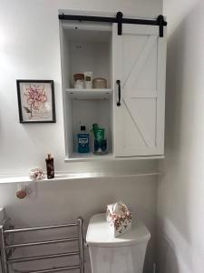 ein Badezimmer mit einem weißen Schrank über einem WC in der Unterkunft Beautiful & peaceful studio with private entrance 