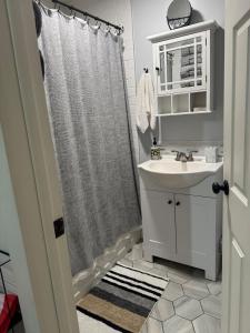a bathroom with a sink and a shower curtain at Modern Stay in Downtown Jersey City, Close to NYC! in Jersey City