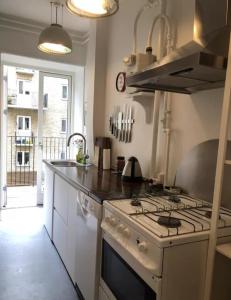 een keuken met een fornuis en een aanrechtblad bij Quiet room in lively area with helpful Host! in Kopenhagen
