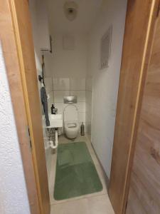Un baño pequeño con inodoro y lavabo. en Charming loft apartment with fireplace, en Scheuring
