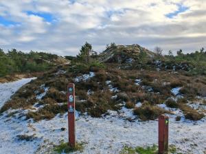 ein Schild im Schnee auf einem schneebedeckten Hügel in der Unterkunft Luxury Retreat with Pool - By Traum Ferienwohnungen in Toftum