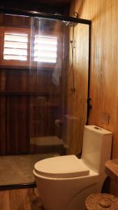 a bathroom with a toilet and a shower and a window at Mangal Amaniū in Tatajuba +27 photos