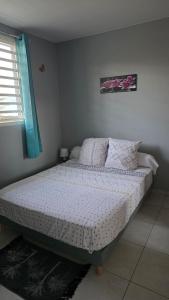 Un dormitorio con una cama en una habitación con ventana. en La fleur de lune, en Cabassou