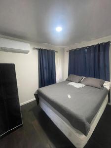 Spanish LookoutBlue House Bungalow的卧室里有一张带蓝色窗帘的大床