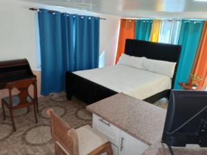 a bedroom with a bed and a desk and a piano at Thegreenhouse in Santiago de los Caballeros