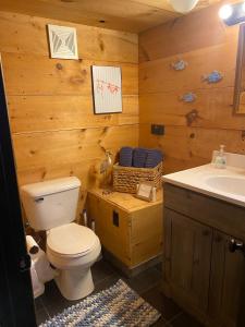 un baño con inodoro y lavabo en Cozy little Cabin, en Van Buren 18 fotos más