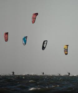 a group of people flying kites in the ocean at Mangal Amaniū in Camocim