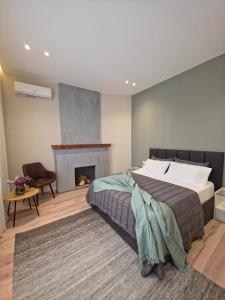 ein Schlafzimmer mit einem Bett und einem Kamin in der Unterkunft Rroji Urban Heritage in Shkodra