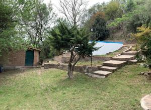 a tree and steps next to a swimming pool at La Morada de sus Sueños II in San Roque