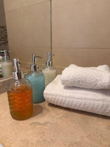 a bathroom counter with two bottles of soap and towels at Departamento Moderno y céntrico in Salta