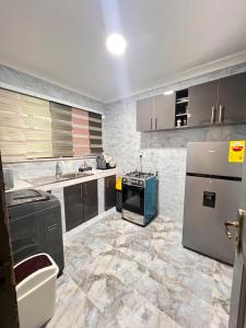 a kitchen with a refrigerator and a stove at Cozy Lovely 1 bedroom apartment in Tema