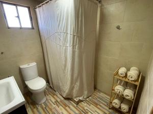 a bathroom with a shower and a toilet and towels at Casa Mirada Azul in Isla Negra +23 photos