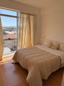 a bedroom with a large bed and a large window at Departamento Moderno y céntrico in Salta