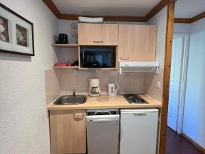 a small kitchen with a sink and a microwave at Appartement Montagne 4 Pers, Balcon et Piscine - FR-1-814-162 in Super Besse
