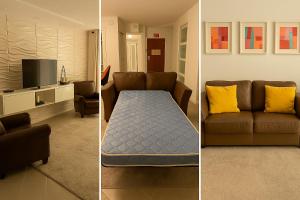 Dos fotos de una sala de estar con un sofá y un televisor. en Beachfront one bedroom in the Tides in Hollywood, en Hollywood