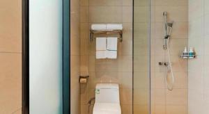ein Bad mit einer Dusche, einem WC und einer Dusche in der Unterkunft City Comfort Inn Fengcheng Recycle Park Geliyang 