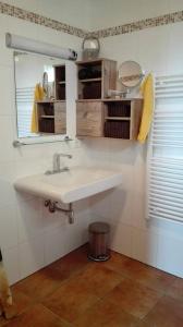 a bathroom with a sink and a mirror at Gartenwohnung auf der Sommeralm in Sankt Kathrein am Offenegg