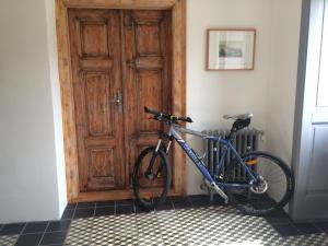 a blue bike parked in front of a door at Préselő Pincészet és Vendégház in Erdőbénye