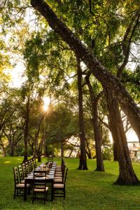 a long table with chairs in a park with trees at Azambezi River Lodge in Victoria Falls